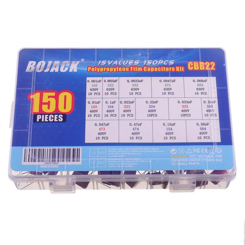 Metallized Polypropylene Film Capacitors Assortment Kit, 150 Pcs, 15 Values, DC 400V And 630V, storage case