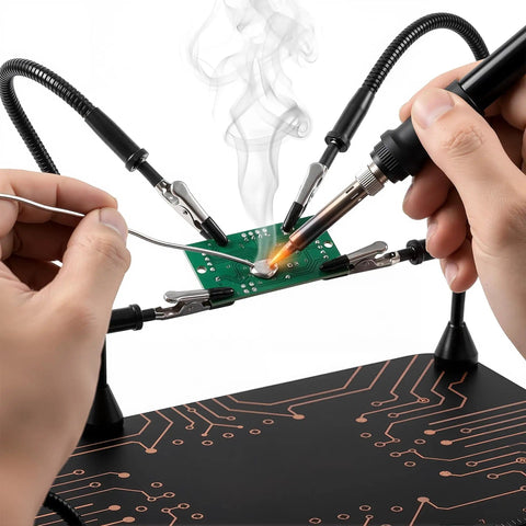 All-in-One Soldering Stand With Four Handy Helping Hands And 5X Magnifier in use, holding a circuit board with soldering iron.