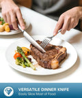 Person using fork and knife from 20 Piece Silverware Set For Four Built From Food Grade Stainless Steel Flatware with steak on plate