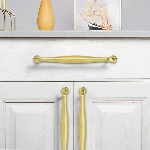 Tough As Nails Brushed Brass Cabinet Pulls 10 Pack 8 Inch Hole Center Heavy Duty Modern Drawer Handles shown on white cabinet.