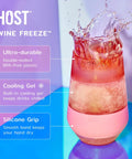 Freezable Stemless Wine Glasses With Secure Lids, Double Wall Insulated Chiller Tumblers for Grab And Go Vibes, 12 Oz Set of Two Pink Blush with liquid splash.