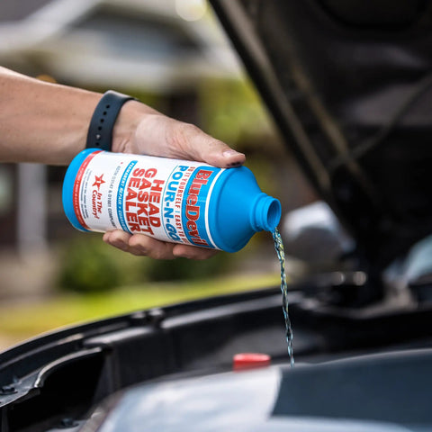 Pour N Go Head Gasket Sealer 16 Ounce Easy Do It Yourself Formula That Permanently Seals Engine Leaks No Tools Needed For Quick Long Lasting Car Maintenance pouring into engine