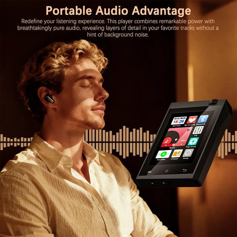 Person enjoying music with 64GB Bluetooth MP3 Player with 2.8 Inch Touch Screen HiFi Music Player for on the go crisp lossless sound.