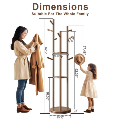 Woman and child using Solid Wood Rotary Coat Rack With 3 Shelves And 9 Hooks Freestanding Coat Tree For Bedroom Entryway And Living Room Space Saving Rotating Stand For Coats Scarves And Handbags Walnut Finish, showing dimensions.