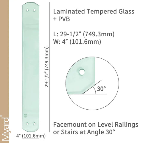 Laminated And Tempered Clear Glass Balusters For Deck Rails With Included Brackets And Screws For Facemount Rails Handrail And Staircase 29.5 Inch Length 5 Pack Sturdy Install For Quick Setup showing measurements and angle.