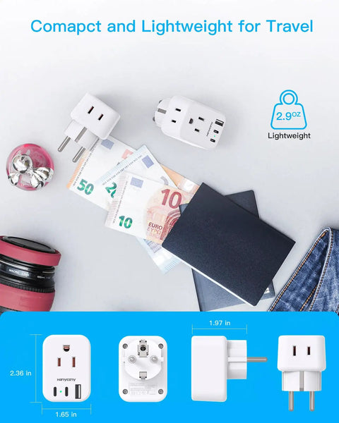 Works Like A Charm Type E F Plug Adapter For US To Europe Travel With Dual AC Outlets And Three Fast USB Ports Charges Five Devices At Once Up To 2500 Watts Max Power with money and camera.
