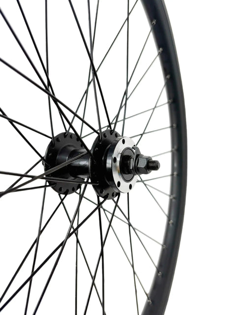 Close-up of EBike Front Wheel 26 Inch 36H Double Wall Aluminum Rim 100mm Bolt On Hub 13G Spokes Disc Brake Compatible