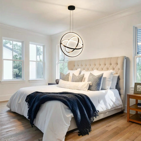 Modern LED Chandelier With 3 Rings Black Circle Pendant Lighting in bedroom over bed, height adjustable, dimmable with remote.