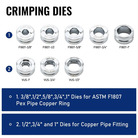 Heavy Duty Hydraulic Copper Press Tool With 360 Degree Rotating Head For Tight Spaces Includes Dies For Copper Pipe Fittings Half Inch Three Quarter Inch And One Inch And Pex Rings From Eighth Inch To One Inch HT1950E crimping dies set