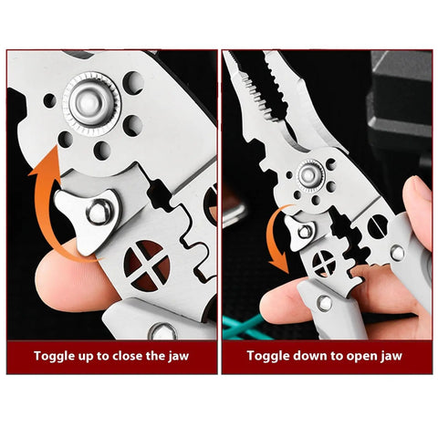Close-up of All In One Electric Wire Stripper Tool With Ergonomic Non Slip Handle showing toggle for opening and closing the jaw.