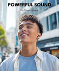 Person wearing Noise Cancelling Earbuds With 45 Hours Playtime, Strong Bass, IP54 Dust And Water Resistance, Bluetooth 5.4 Wireless Earbuds.
