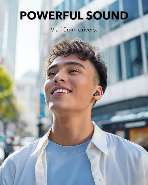 Person wearing Noise Cancelling Earbuds With 45 Hours Playtime, Strong Bass, IP54 Dust And Water Resistance, Bluetooth 5.4 Wireless Earbuds.