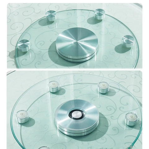 Heavy Duty Tempered Glass Lazy Susan Turntable With Hella Smooth 360 Degree Swivel, No Sweat Kitchen Organizer And Silent Rolling Serving Tray For Family Dinners, 100 Cm Wide, top view with metal bearings.