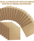 20 Pack Teflon Sheets for Heat Press Ironing, showing 20 heat resistant, reusable paper sheets for sublimation and crafting.