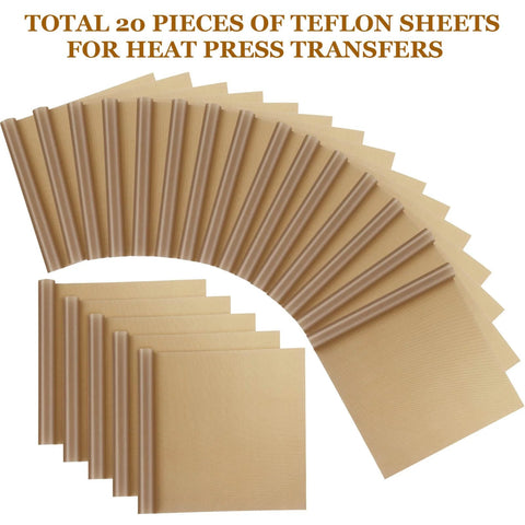 20 Pack Teflon Sheets for Heat Press Ironing, showing 20 heat resistant, reusable paper sheets for sublimation and crafting.