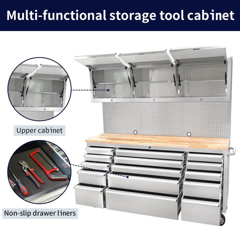 72 Inch Rolling Tool Chest With 15 Drawers And 3 Upper Cabinets Stainless Steel Pegboard Workbench Large Working Surface