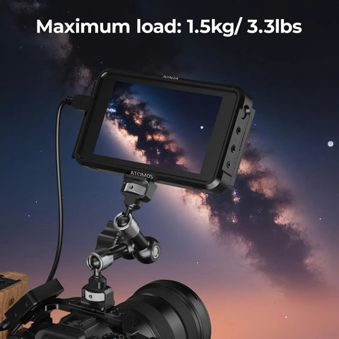 7 Inch Magic Arm With 1/4-20 Screws And Spring Loaded Pins 1.5 Kg Load Capacity 360 Degree Dual Ball Head holding a camera monitor