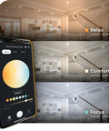 Image of Ultra Slim 6 Inch Wi Fi Smart Recessed Lighting Kit 2 Pack No Hub Needed Voice Activated RGB Color Changing And Tunable White 2000K 5000K 800 Lumens Wet Rated, showing lighting modes: Relax, Comfort, Focus with app control.