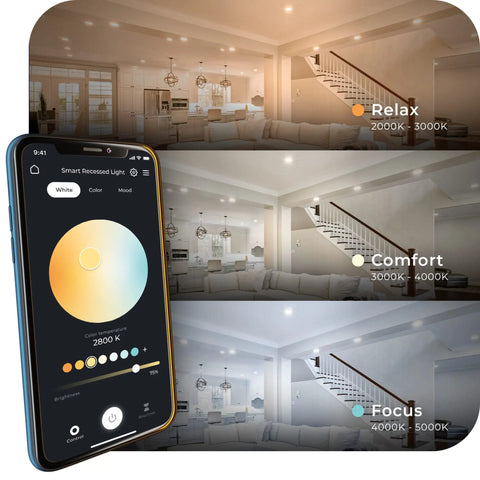 Image of Ultra Slim 6 Inch Wi Fi Smart Recessed Lighting Kit 2 Pack No Hub Needed Voice Activated RGB Color Changing And Tunable White 2000K 5000K 800 Lumens Wet Rated, showing lighting modes: Relax, Comfort, Focus with app control.