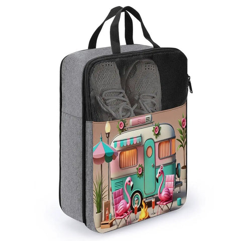 Go To Waterproof Shoe Bag For Travel And Gym with a colorful camper design, large capacity, and durable snowflake textured fabric and zipper.
