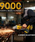 Cordless angle grinder with yellow/black body and battery pack, 900 RPM brushless motor.