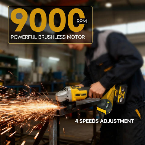 Cordless angle grinder with yellow/black body and battery pack, 900 RPM brushless motor.