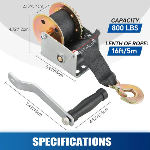 Beefy Heavy Duty Boat Trailer Winch With 5m Black Strap Hand Crank Gear Winch For Towing Up To 800 Lbs Rust Resistant Steel Body