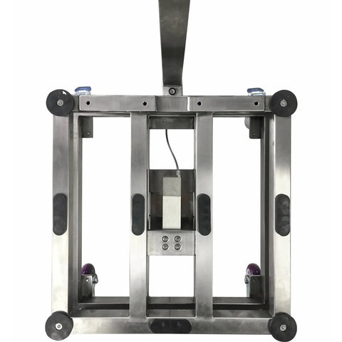 Commercial Grade Stainless Steel Washdown Bench Scale With Smooth Rolling Casters And Sturdy Back Rail Five Hundred Pounds Capacity NTEP Certified Digital Platform Weigher bottom view with casters.