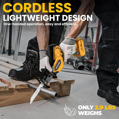 Worker using Cordless Reciprocating Saw Kit For 20V Max Battery, Brushless Motor With 3 Speed Settings 0-3500 SPM on PVC pipe