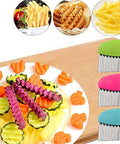 Three color-handled crinkle cutters with stainless steel blades, shown with a plate of colorful crinkle-cut vegetables.