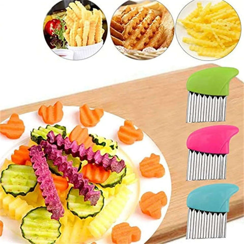 Three color-handled crinkle cutters with stainless steel blades, shown with a plate of colorful crinkle-cut vegetables.