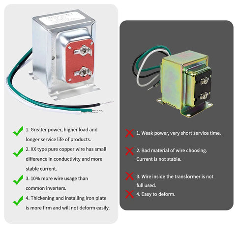 16V 30VA Doorbell Transformer Powers Single Or Multiple Chimes, comparison of two transformers showing durability and power efficiency.