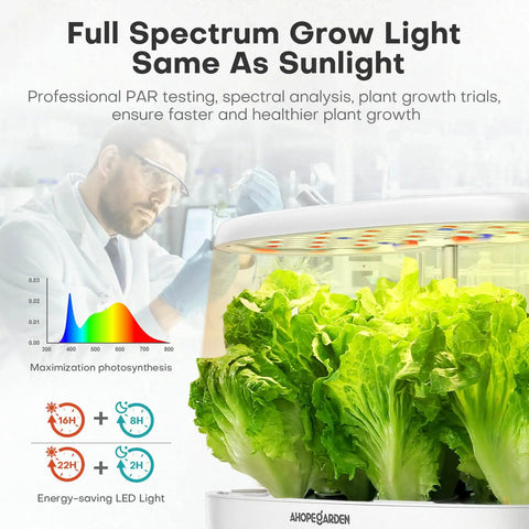 Scientist observing Indoor Hydroponic Garden System With 12 Pods LED Grow Light Growth Lamp for lettuce growth.
