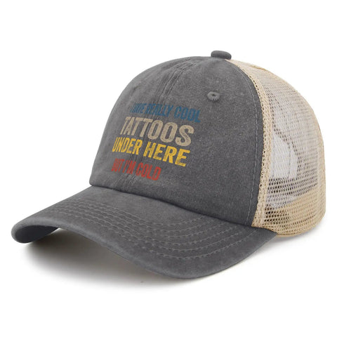 Dope Mesh Baseball Cap For Men, gray trucker hat with text 'Tattoos Under Here', breathable mesh with air vents, casual outdoor style