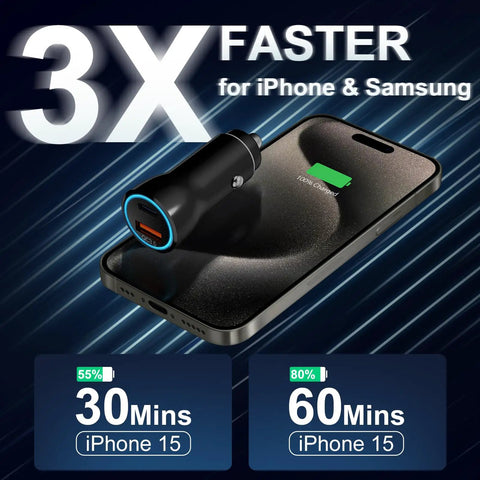 Boss 43W USB C Car Charger With Three Point Three Ft Type C To C Cable shown charging iPhone 15 quickly