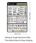 Cool Vintage Metal Tin Sign Chart For Garage And Shop Featuring Hex Bolt Screw Nut Washer Size Guide displayed on aluminum plate.