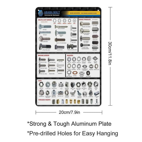 Cool Vintage Metal Tin Sign Chart For Garage And Shop Featuring Hex Bolt Screw Nut Washer Size Guide displayed on aluminum plate.
