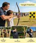 Man and boy aiming at Six Sided Waterproof Archery Target Block For 70 Lb Bows Portable Compound Bow Target during practice