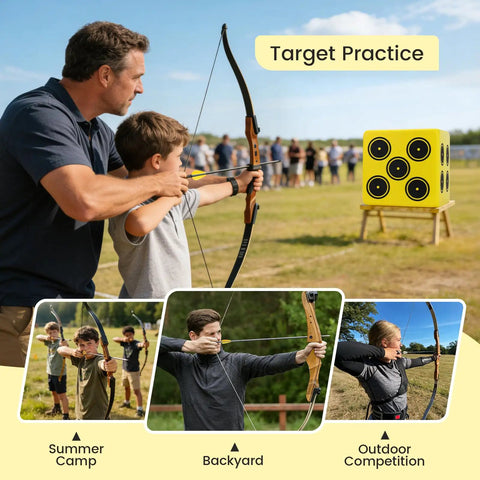 Man and boy aiming at Six Sided Waterproof Archery Target Block For 70 Lb Bows Portable Compound Bow Target during practice