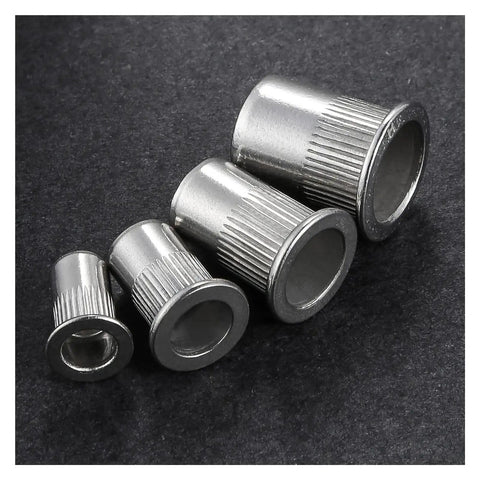 Twenty Pieces 304 Stainless Steel Flat Head Threaded Inserts With Knurled Body For Heavy Duty Metal Work and Punched Hole Strength Installation That Holds Tight, showing four sizes.