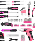 Pink 3.6V Cordless Screwdriver Set With 151 Piece Home Tool Kit including pliers, hammer, and magnetic bits.