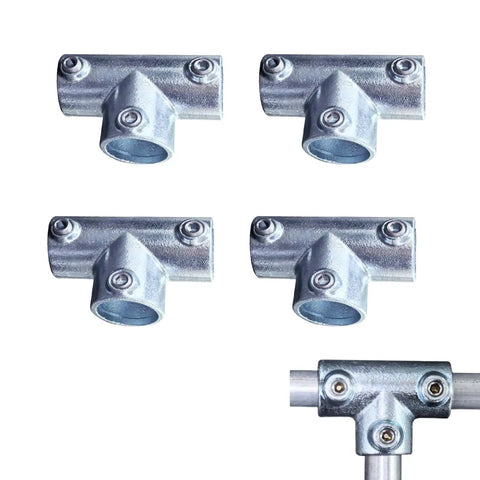 Half Inch Galvanized Steel Pipe Tee Connector 4 Pack showing three socket joint fittings for DIY railings and furniture projects.