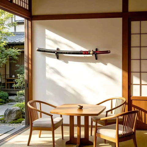 Dope Velvet Padded Sword Wall Mount Hanger For Katana Wakizashi Tanto Genji Daggers And Swords displayed in serene room