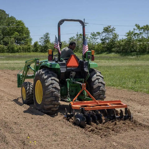 3 Point 6-Foot Notched Disc Harrow Plow Attachment For Cat 1 Tractors With 16-Inch Notched Discs in use on farmland