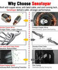 Why Choose Senotoyar infographic comparing copper wires, anti-twist cable, and cooling tech for durability and efficiency.