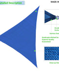 Blue Triangular Outdoor Shade Sail Heavy Duty HDPE 180GSM Air Permeable UV Block Canopy with Stainless Steel D-rings and close-up view