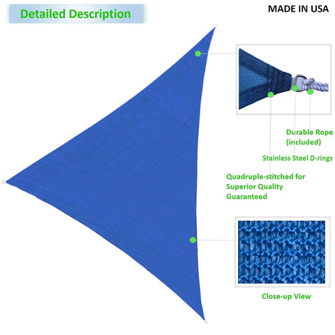 Blue Triangular Outdoor Shade Sail Heavy Duty HDPE 180GSM Air Permeable UV Block Canopy with Stainless Steel D-rings and close-up view