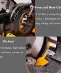 Heavy Duty Electric Pipe Threader Cuts 1/2 To 3 Inch BSPT NPT Pipes Like Butter 220V 750W Motor showing front and rear chucks for easy clamping.