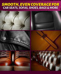 Leather and vinyl surfaces including sofas, car seats, shoes, and bags restored with Leather And Vinyl Recoloring Balm In Pure Black.