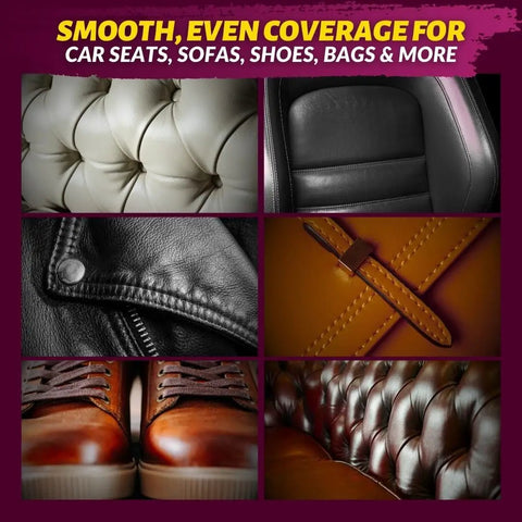 Leather and vinyl surfaces including sofas, car seats, shoes, and bags restored with Leather And Vinyl Recoloring Balm In Pure Black.